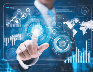 Data scanning concept with busineman hand touch on virtual screen to start data scan and analytics in business financial data around the world and summary on chart graph