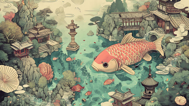  surreal backgrounds with riba in the sea, drawn in Japanese 2D vintage style