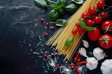 realistic photo of Food ingredients for italian pasta