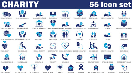 charity and donation Colorful icon set. Set of 55 Volunteering and charity web icons in fill style. High quality business icon set of Charity