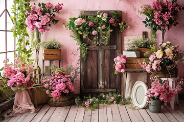 Fototapeta premium spring set up with colourful flowers pink , vintage wood parquet.