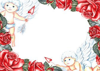 A frame with red roses and cupids. Hand-drawn watercolor illustration. A greeting card for lovers, for Valentine's Day and wedding. It is also suitable for packaging, posters and flyers.