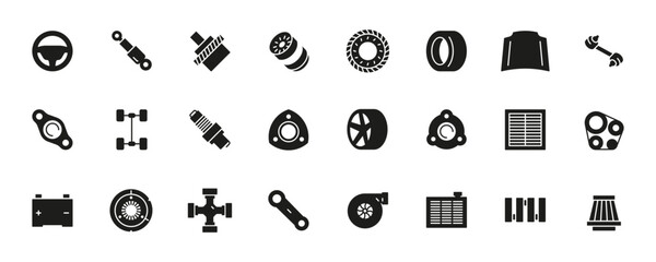 Black car details icons. Outline automotive parts and components, car engine and transmission. Vector auto spare parts flat collection. Automobile repair service collection set, vehicle parts