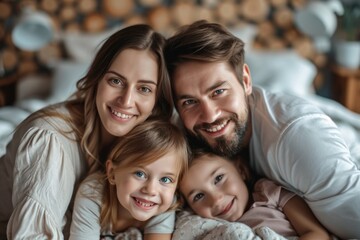 Mother, father, and children girls in the room with a symbol of the roof. A concept for housing young families.