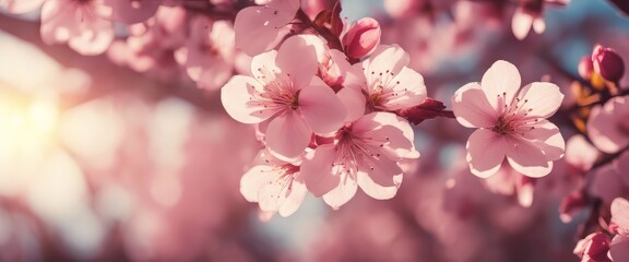 Fototapeta na wymiar Spring border or background art with pink blossom. Beautiful nature scene with blooming tree and sunny