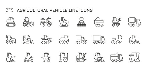 Agriculture vehicle line icons. Farm transport equipment, agriculture machinery icons, farming equipment transport pictograms. Vector isolated collection. Industrial loader, tractor set