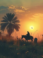 Fototapeta na wymiar Palm Sunday concept: Silhouette Jesus Christ riding donkey with tomb stone on meadow sunset background, poster, realistic, HD, copy space - generative ai