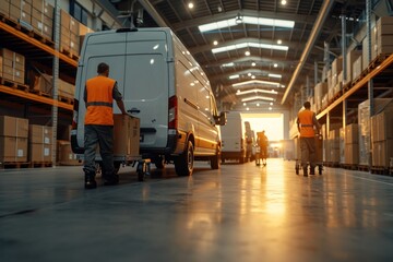 Outside the warehouse Distributed logistics: Diverse teams use trucks to deliver packages that arrive in cardboard boxes. e-commerce online ordering