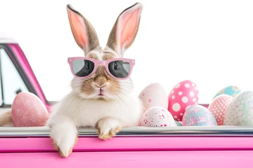 Foto op Aluminium Cute Easter Bunny with sunglasses looking out of a car filed with easter eggs. Cool Easter bunny in a car delivering Easter eggs. an Easter bunny wearing sunglasses © Nataliia_Trushchenko