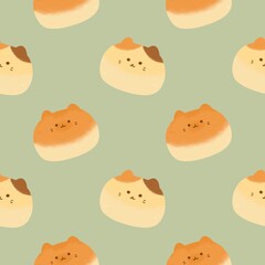 Japanese Bread Bakery Cat bun pattern Cute Dessert Cafe for baby shower ,nursery ,wallpaper ,book cover, fabric or other printable cover - obrazy, fototapety, plakaty