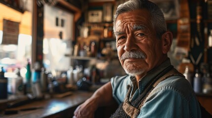 Fototapeta na wymiar Portrait of proud barbershop owner in his shop