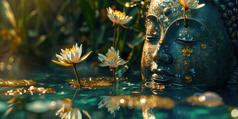 buddha face with crystal flowers, nature green background, water reflection - obrazy, fototapety, plakaty