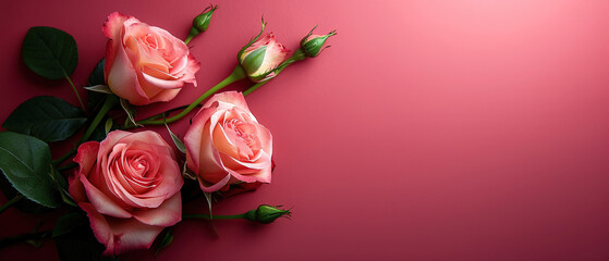 roses with light red background Top view, Valentines day Woman day, Love and birthday theme, with empty copy space