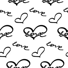 Stylish graphic seamless pattern with hearts and word love