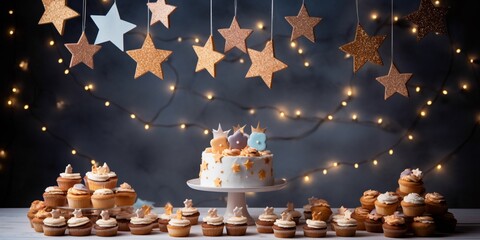 Various cutlet on a stage decorated with sweets, stars, shadows, chocolate for baby birthday on a light background. Child's vacation. Gentle, tender colors.