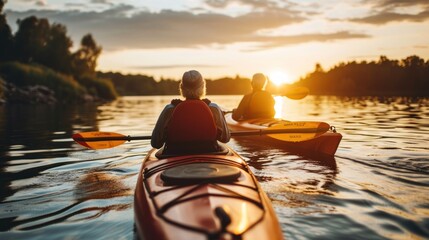 Senior couple kayaking on the lake together at sunset - obrazy, fototapety, plakaty