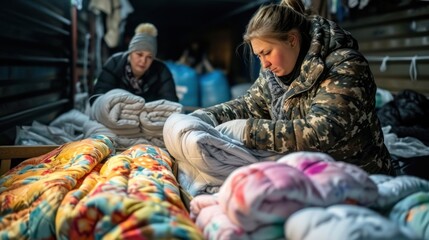 Volunteers hand out blankets and other donations. to refugees on the Ukrainian border