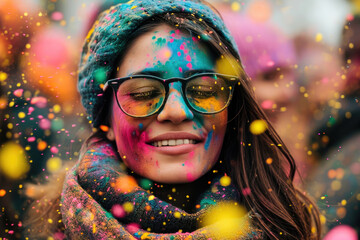 Festival de Holi en la India: Personas lanzándose polvo de colores en una celebración alegre - obrazy, fototapety, plakaty