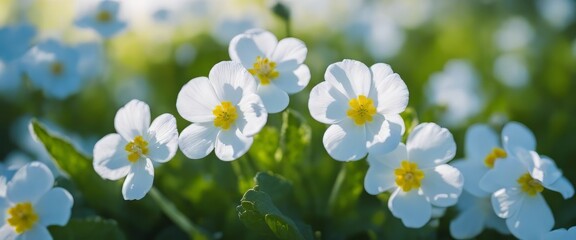 Fototapeta premium Spring forest white flowers primroses on a beautiful blue background macro. Blurred gentle sky