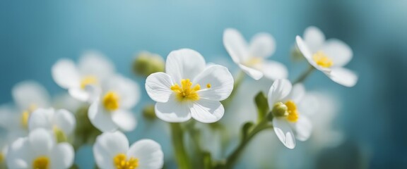 Spring forest white flowers primroses on a beautiful blue background macro. Blurred gentle sky