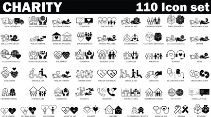 charity and donation Black and White icon set. Set of 110 Volunteering and charity web icons in line & fill style. High quality business icon set of Charity - obrazy, fototapety, plakaty