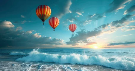 Poster Hot air balloons over sea beach view © Divine123victory