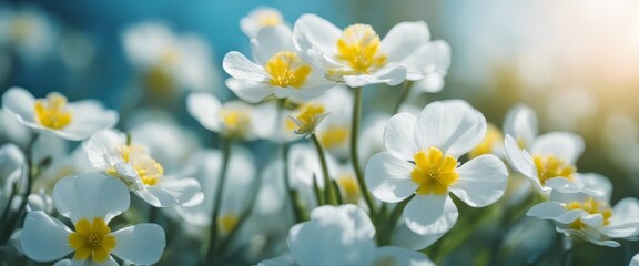 Naklejka na ściany i meble Spring forest white flowers primroses on a beautiful blue background macro. Blurred gentle sky