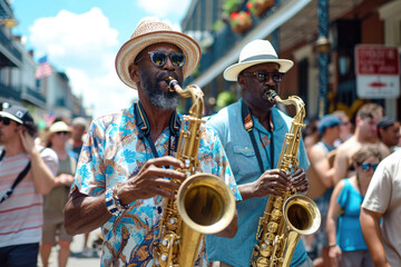 Festival de Jazz en Nueva Orleans: Escena de músicos y desfile en las calle - obrazy, fototapety, plakaty