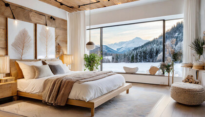 Rustic Elegance in cozy wooden retreat house with stylish interior design with warm Lighting.  Comfortable bedroom interior in eco friendly house with snowy winter landscape behind full wall window
