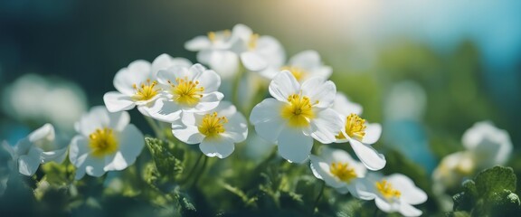 Obraz premium Spring forest white flowers primroses on a beautiful blue background macro. Blurred gentle sky
