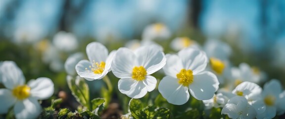 Spring forest white flowers primroses on a beautiful blue background macro. Blurred gentle sky