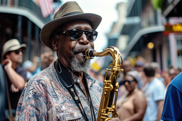 Festival de Jazz en Nueva Orleans: Escena de músicos y desfile en las calle