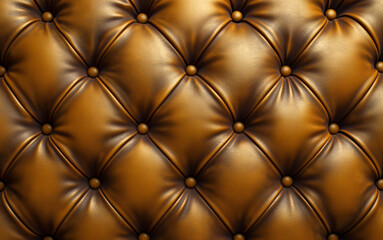Realistic gold leather upholstery. Close-up texture of detail of luxury quilted brown leather sofa upholstery with buttons.