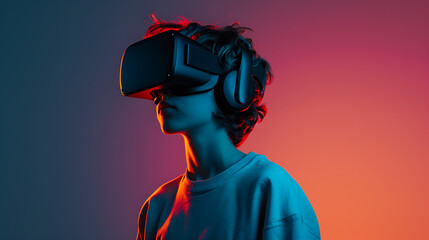 A young person playing games in virtual reality, metaverse, lost in virtual reality, augmented reality ar, vr,