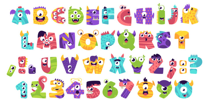 Monster alphabet. Cartoon prehistoric animals typeface for poster design, kindergarten alphabet with dinosaurs and aliens. Vector isolated collection. Comic beasts in form of letters and numbers