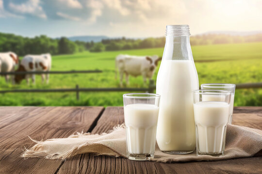 bottle of milk with glasses of milk on a wooden background with grazing cows in the background