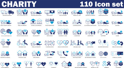 charity and donation Colorful icon set. Set of 110 Volunteering and charity web icons in line & fill style. High quality business icon set of Charity - obrazy, fototapety, plakaty
