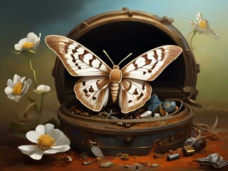 Butterfly in a treasure chest, 3d illustration, digital painting