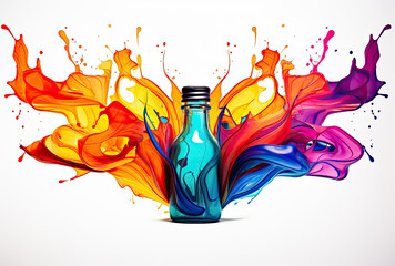 Bottle Filled With Colorful Liquid on White Background - obrazy, fototapety, plakaty
