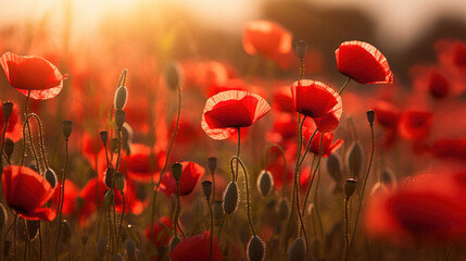 Sunset's warm glow bathes a serene field of red poppies, whispering tales of peace and remembrance