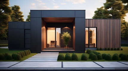 Luxury minimalist cubic house with wooden cladding and black panel walls, landscaping design front yard. Exterior of a residential building