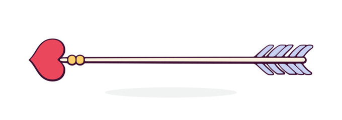 Decorated Cupid Arrow with a Heart Shaped Tip. Valentines Day Symbol. Vector Illustration. Hand drawn Cartoon Clip Art with Outline. Design Element Isolated on White Background