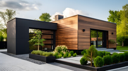 Luxury minimalist cubic house with wooden cladding and black panel walls, landscaping design front yard. Exterior of a residential building - obrazy, fototapety, plakaty