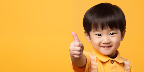 Banner with cute smiling chinese boy pointing ok sign with empty space for text over yellow background