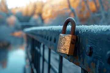 Engraved padlock attached to a bridge railing symbolizing a couple's enduring love with the scenic...