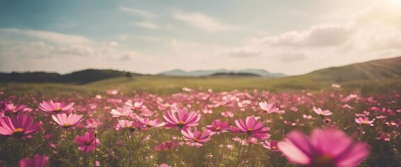 Fototapeta premium Vintage landscape nature background of beautiful cosmos flower field on sky with sunlight in spring