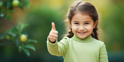 Banner with cute smiling pointing ok sign over lemon garden background. Banner with copyspace.  Shallow depth of field. 