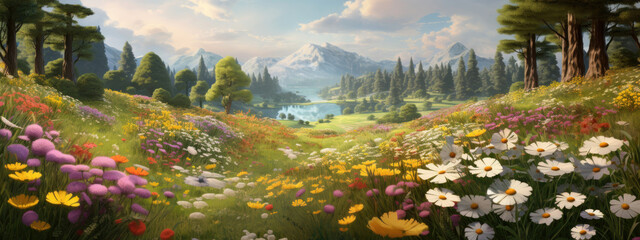 Meadow Painting, Tranquil Scene of Trees and Flowers in Nature