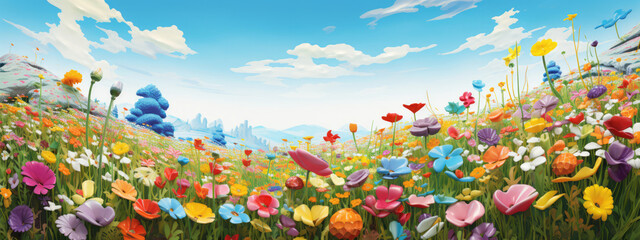 Colorful Flowers in a Field Under a Blue Sky