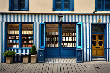 old european village facade , charming  white and blue boutique storefront 